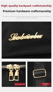 Close-up of golden metal logo and smooth double zippers on black nylon backpack