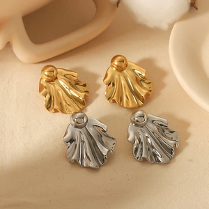 Pleated Shell Texture Stainless Steel Stud Earrings Round Ball Geometric Artistic Metal Jewelry Women