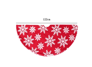 Detailed view of red Christmas tree skirt with white snowflake patterns in 122cm diameter