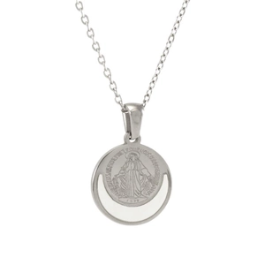 Silver stainless steel religious necklace featuring a round Virgin Mary pendant on white background