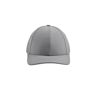 Front view of grey quick-dry baseball cap featuring laser-cut ventilation holes for breathability