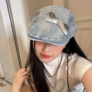 Y2K vintage denim beret hat in light blue featuring a silver bow with pink gemstone