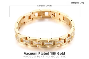 Detail of 18K gold plated watch band link bracelet with cubic zirconia inlay, 12mm width