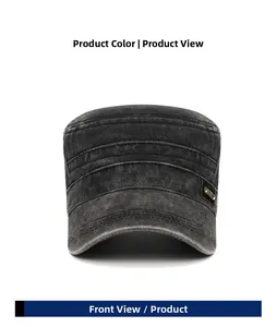 Detailed front view of washed cotton army cap in charcoal grey with vintage texture