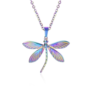 Macro view of a colorful dragonfly pendant made of vacuum 18k plated stainless steel