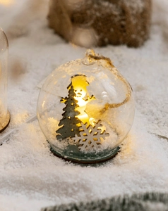 Detail of a glowing Christmas glass ball with wooden snowman and warm LED lights