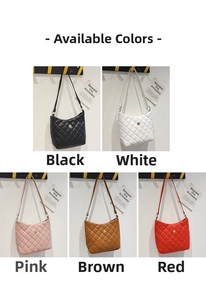 Detailed view of quilted faux leather shoulder bags in five different colors
