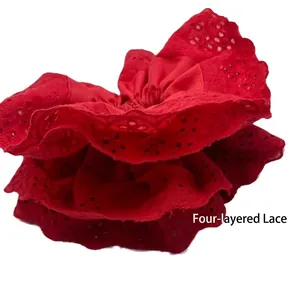 Elegant 4-layer red lace scrunchie with delicate embroidery for hair styling