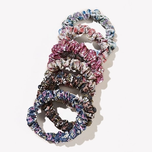 Set of 5 floral scrunchies in navy, brown, and beige, soft fabric hair ties collection