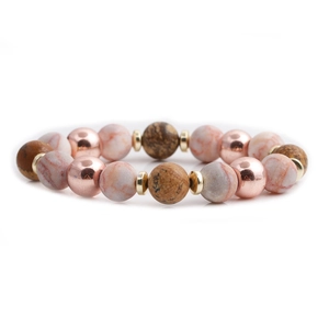 Bracciale alla moda con perline da 10mm motivo marmo e diaspore con tocchi oro rosa