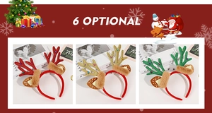 Three sequined reindeer headbands in red, gold, and green for Christmas party decor