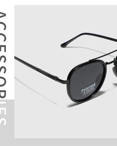 Detail of polarized sunglasses with double metal bridge and UV400 protection lenses