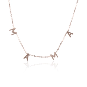 Rose gold stainless steel MAMA letter necklace for women on a white background