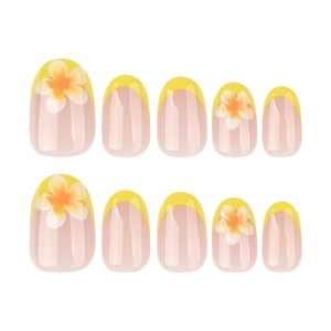 Fresh yellow French press-on nails with summer floral designs on a white background
