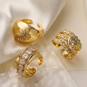 Vintage High-End Copper Open Ring For Women Real Gold Plated Geometric Rhinestone Heart Adjustable Fashion Ring Jewelry