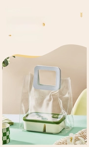 Divided lunch box with utensils in a thick transparent PVC carrying bag with handles