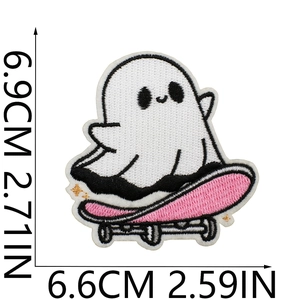 Ghost on pink skateboard embroidery patch showing dimensions of 6.9CM by 6.6CM