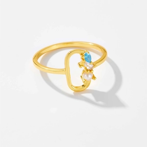 S925 sterling silver ring with blue drop stone, white pearl and rectangular gem