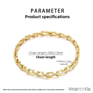 Detailed view of 12mm wide gold-toned stainless steel chain with size specifications