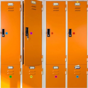Orange 8-door metal locker with numbered stickers and secure locking mechanism