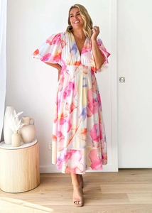 Detailed view of the watercolor floral print texture on the puff sleeve A-line maxi dress