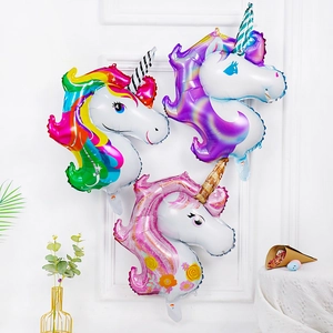 3D rainbow unicorn foil balloons in pink and purple colors for kids birthday party decoration