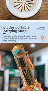 Detail of transparent water bottle showing the tea filter and orange embroidered strap