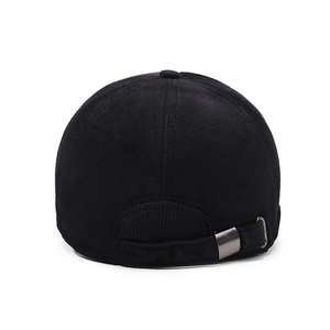 Rear view of black corduroy baseball cap for men with adjustable metal buckle closure