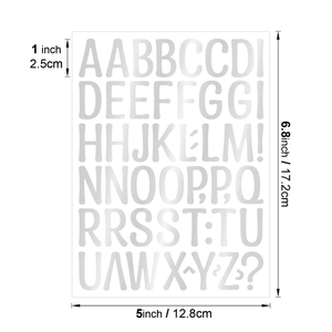 Detail showing 1-inch silver metallic alphabet stickers with dimensional measurements