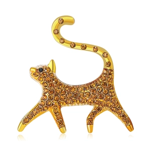 Elegant gold leopard brooch with yellow crystals and black gemstone eyes for women suits