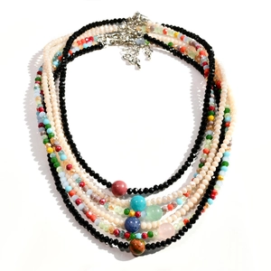 Y2K layered crystal necklaces with natural stones and adjustable silver lobster clasp