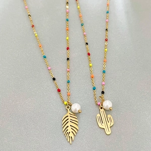 Gold leaf and cactus pendant necklace with colorful enamel beads and white pearls