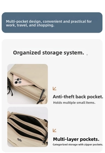 Détail du sac bandoulière en nylon beige avec poche arrière antivol et compartiments zippés