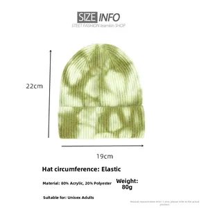 Size chart for tie-dye knit beanie showing 22cm height and 19cm width dimensions