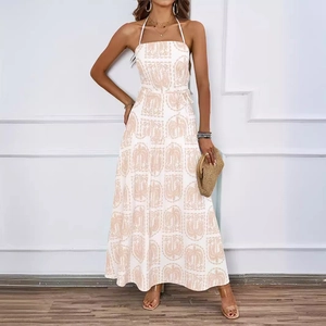 Halter neck white dress with tropical palm tree patterns and high waist summer beach design