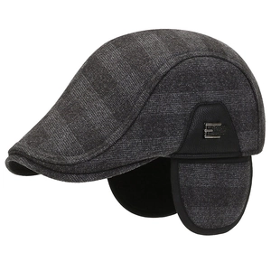 Dark grey plaid flat cap for men with ear flaps and warm fleece lining for winter