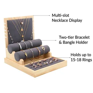 Bamboo jewelry stand with grey velvet for necklaces bracelets and ring displays