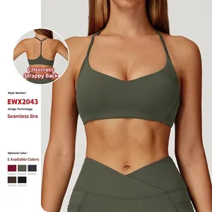 Soutien-Gorge de Sport pour Femmes Dos en Y Soutien Élevé Respirant Top de Yoga Couleur Unie Fitness Course Rembourré