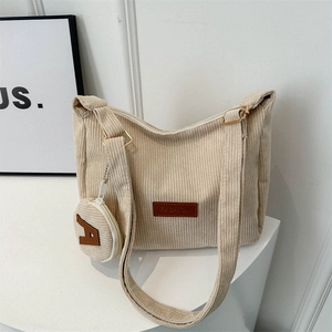 Corduroy Tote Bag Large Capacity Zipper Shoulder Bag With Small Round Coin Purse Commuter Casual Retro For Women