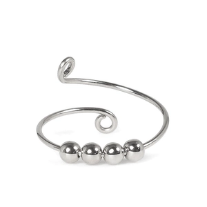 Detail of adjustable silver fidget ring featuring four rotatable smooth metal beads