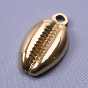 Vue macro d'un pendentif coquillage en acier inoxydable plaqué or 18 carats poli