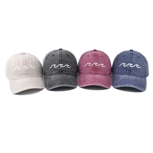 Washed cotton vintage baseball caps with wave embroidery in four diverse colors