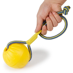 Close-up of durable dog pull toy featuring a yellow rubber ball and braided nylon rope handle