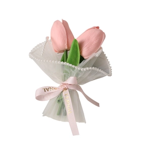Mini artificial pink tulip bouquet with white mesh wrap and Eternal ribbon gift