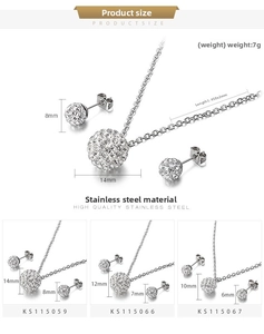 Detailed size chart for stainless steel jewelry set with white pave zircon balls