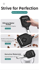 Macro detail of square pressurized shower head with black silicone nozzles and 225.5g weight