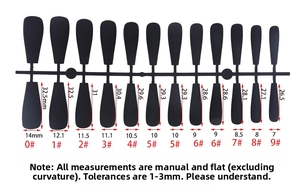 Size chart for colorful long press-on nails with 10 different length and width dimensions