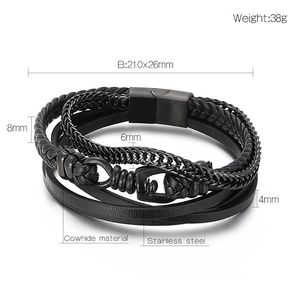 Detail of layered men's braided leather bracelet with stainless steel clasp and size info