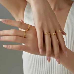 Elegant gold S925 silver chain rings with dangling initial letters and sparkling zircon stones