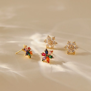 Irregular heart stud earrings with colorful zircon stones on gold metal base